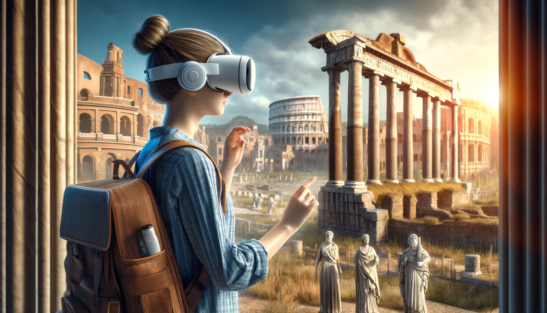Una estudiante de secundaria usando realidad virtual para caminar por la antigua Roma, interactuando con personajes virtuales y puntos de referencia históricos. La imagen captura a la estudiante, una adolescente, usando un visor VR, en un entorno rico en detalles que incluye estructuras famosas como el Coliseo y el Foro.