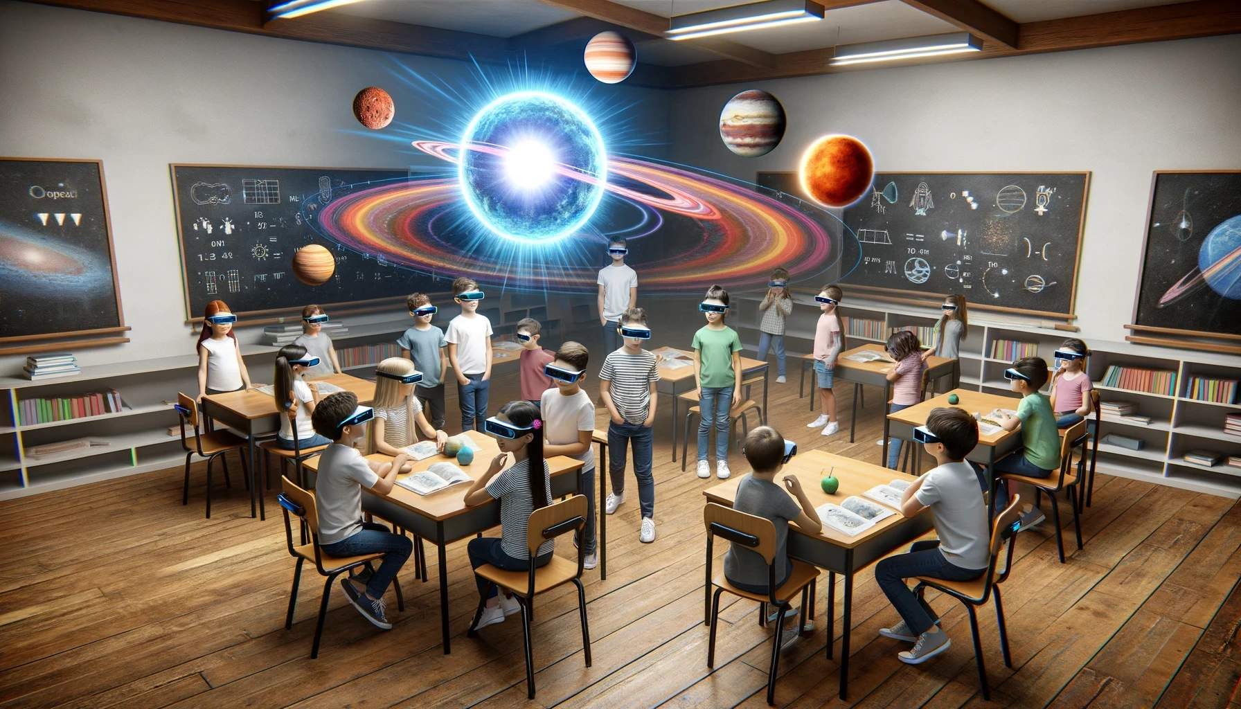 Students in a classroom using augmented reality glasses to explore the solar system. The image shows children of various ages around a holographic display of the solar system, highlighting an interactive and visual way to learn astronomy.
