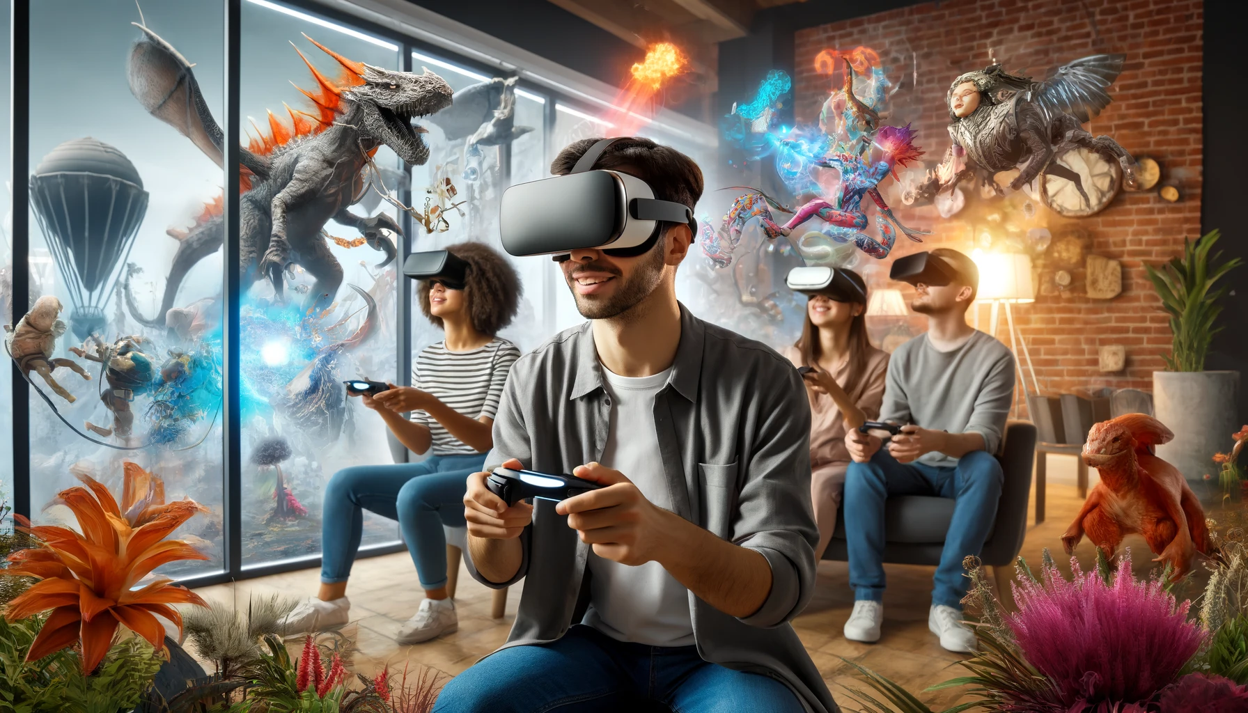 Usuarios disfrutando de un juego de realidad virtual en una sala de estar moderna. La imagen muestra a varios jóvenes de diversas etnias usando cascos de VR, rodeados de elementos virtuales como criaturas fantásticas y paisajes exóticos, integrados en el espacio físico a través de efectos de malla 3D.