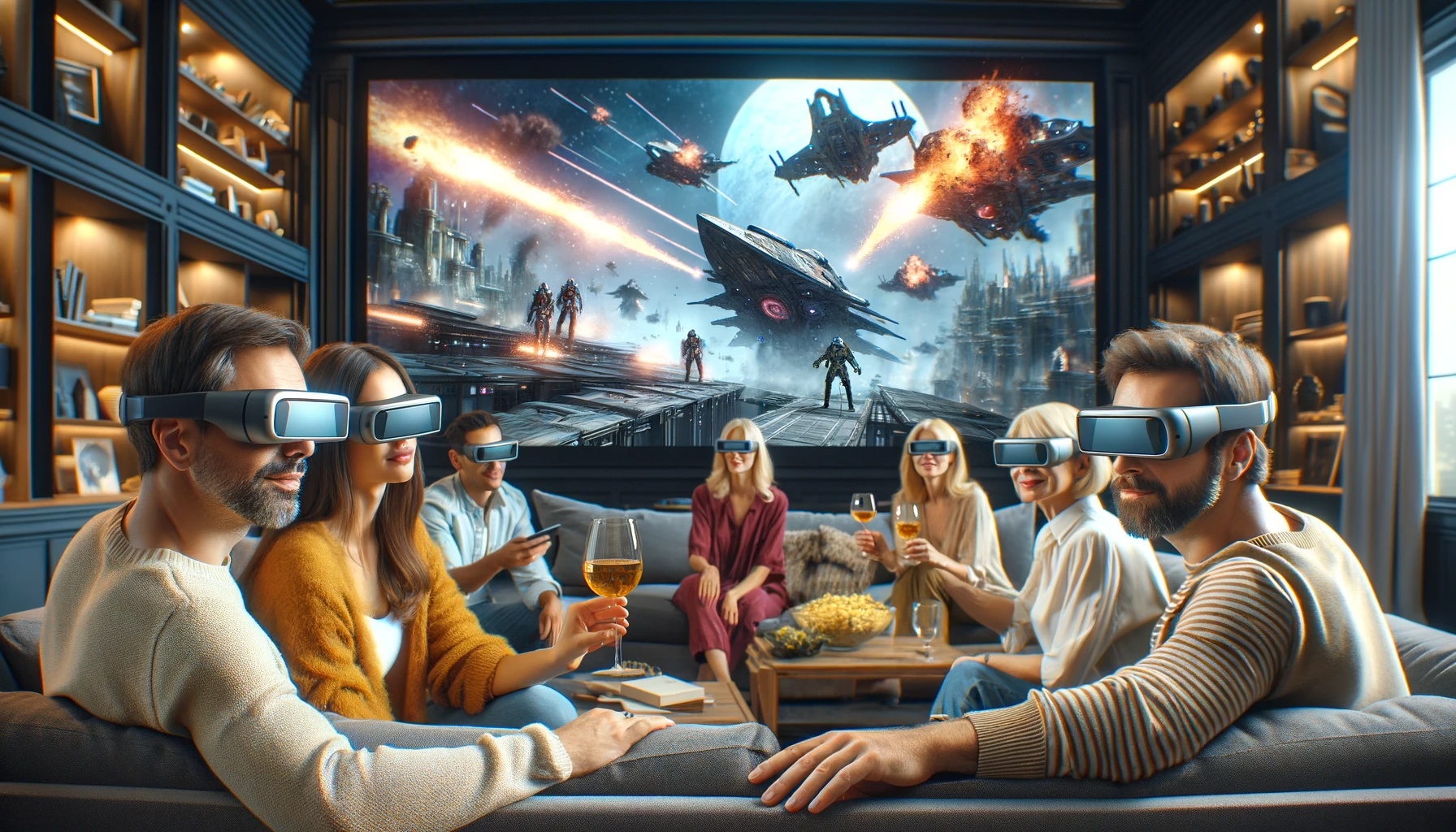 A group of friends experiencing an augmented reality movie in a home theater environment. The AR technology superimposes scenes from the movie into their living space, creating an interactive cinema experience with elements such as spaceships and alien creatures appearing around them.