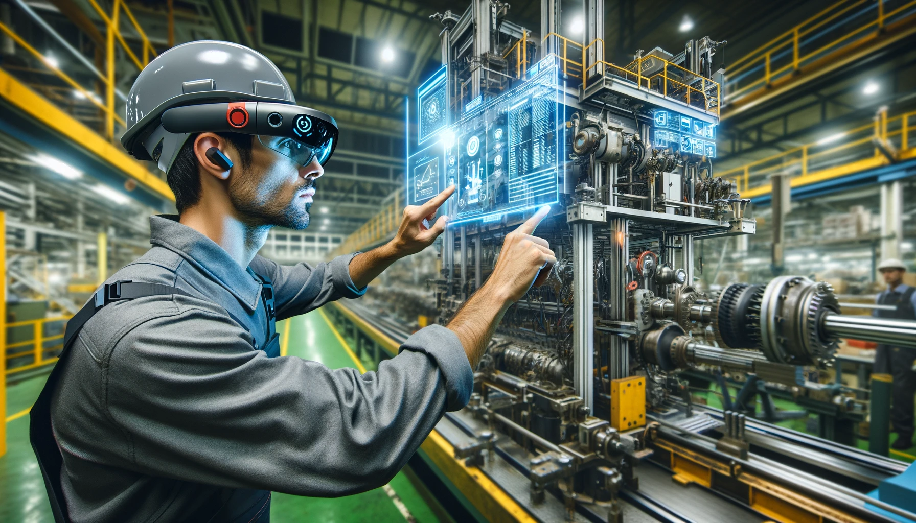 A factory worker using augmented reality glasses to receive real-time operational instructions while working on an assembly line. The image shows the worker next to complex machinery, with technical data and assembly instructions superimposed.