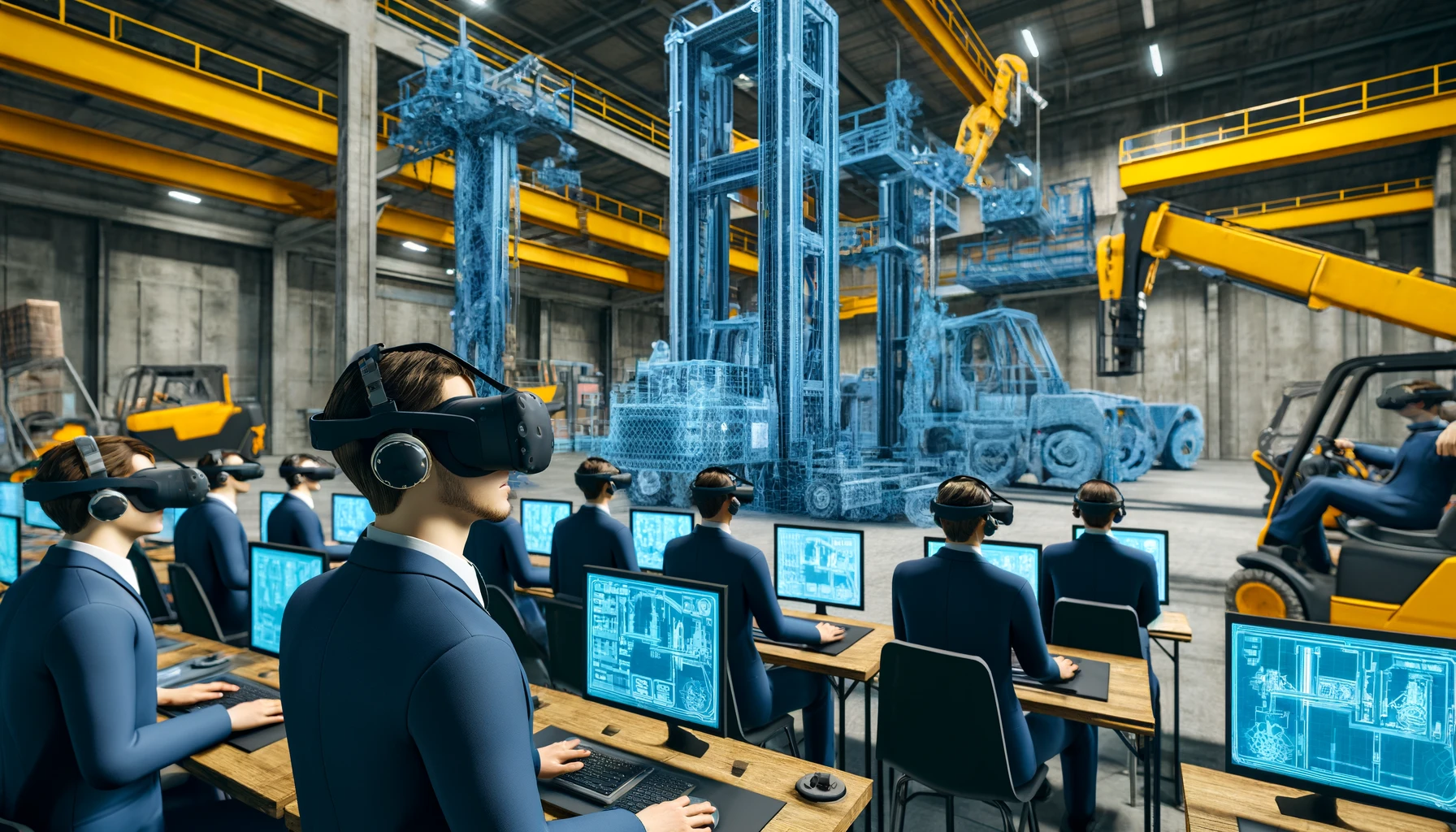 A training session in an industrial environment where operators use virtual reality to practice operating heavy machinery. The image shows a group of male and female workers wearing VR helmets and participating in a simulated environment that mimics the operation of cranes and forklifts.