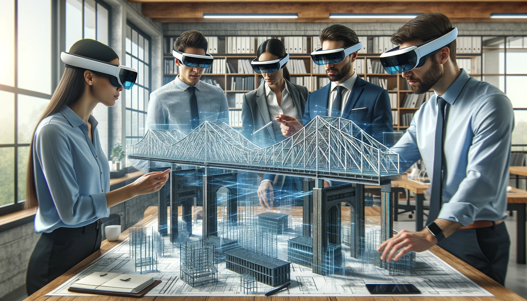 Engineers using augmented reality to visualize and interact with a complex bridge design in a modern office environment. The image shows a diverse team of engineers examining a detailed holographic model of the bridge that appears to float in the center of the room.