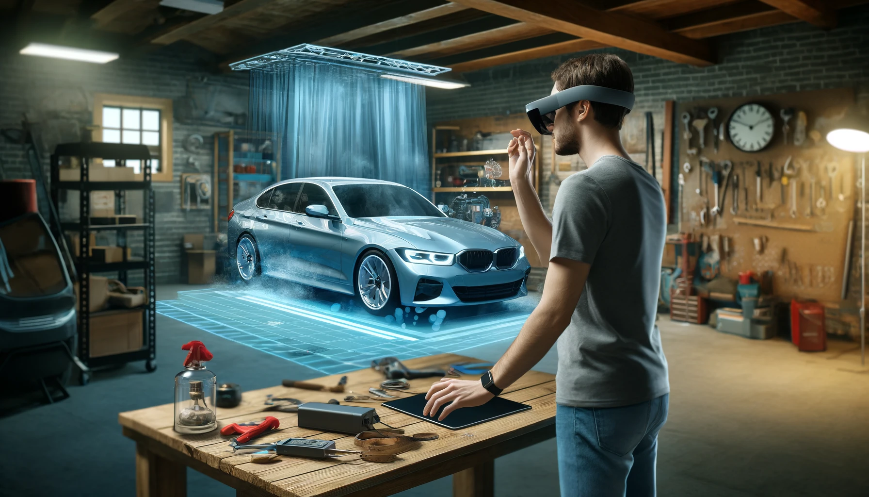 Un usuario experimentando un producto virtualmente a través de gafas de realidad extendida, visualizando un coche nuevo en su propio garaje.