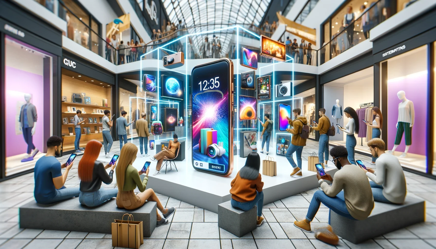 An interactive brand activation in a shopping mall, where consumers interact with augmented reality displays showing new products.