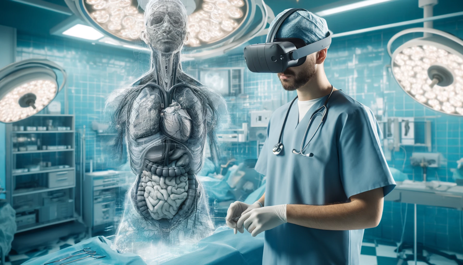 A surgeon using virtual reality equipment to simulate a surgical procedure. The image shows the surgeon in an operating room, using a VR viewer showing detailed anatomical structures and surgical tools.
