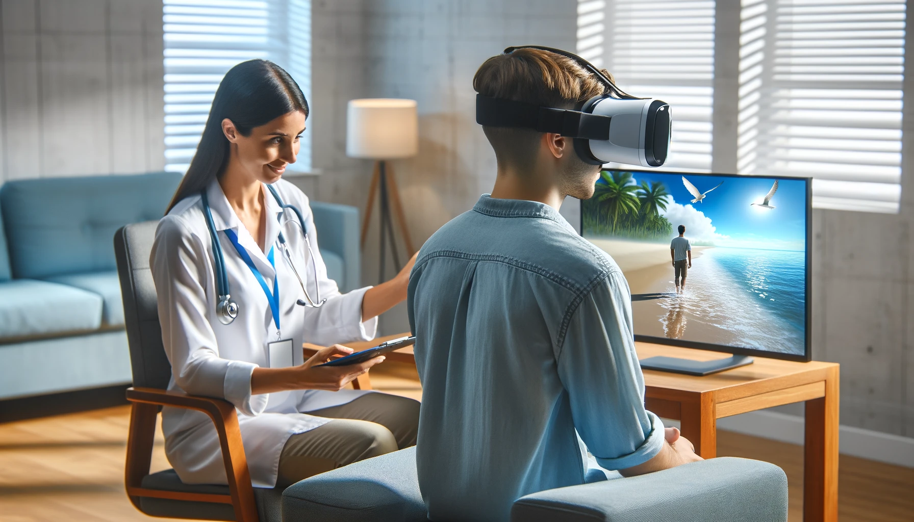 A therapist using virtual reality to conduct an anxiety treatment session with a patient. The image features the therapist in a quiet office, assisting a patient wearing a VR viewer in a peaceful virtual environment.