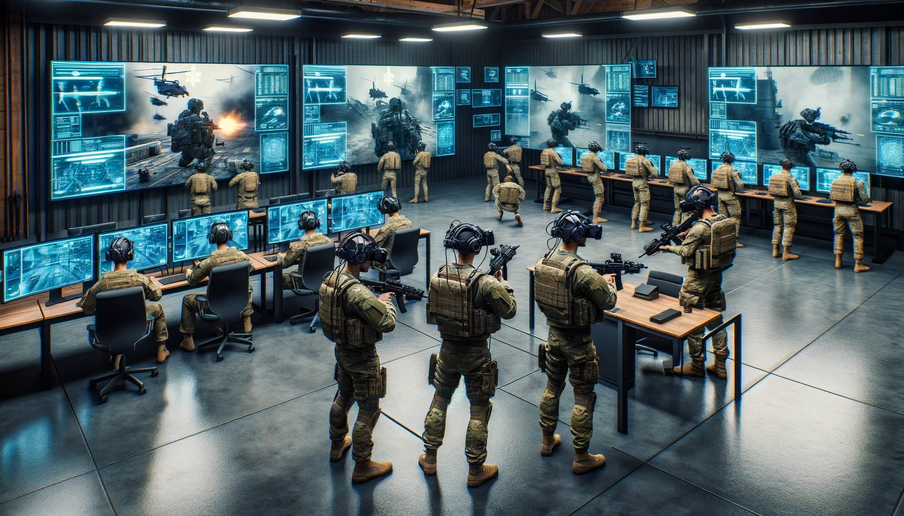 A training room in a military environment with several soldiers equipped with virtual reality equipment, interacting with a complex virtual combat environment.