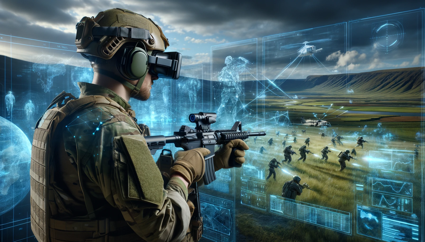 A soldier wears augmented reality goggles in a simulated battlefield environment, with tactical data and virtual maps overlaid.