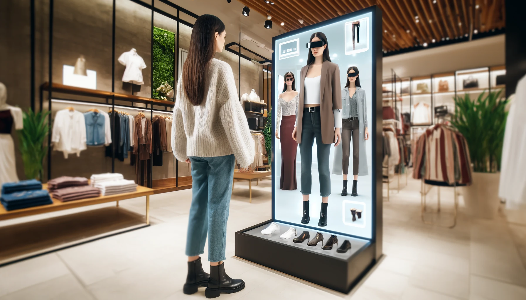 A customer using augmented reality in a clothing store to try on different outfits virtually. The image shows a young woman in front of a large digital mirror, looking at herself in various augmented reality outfits.