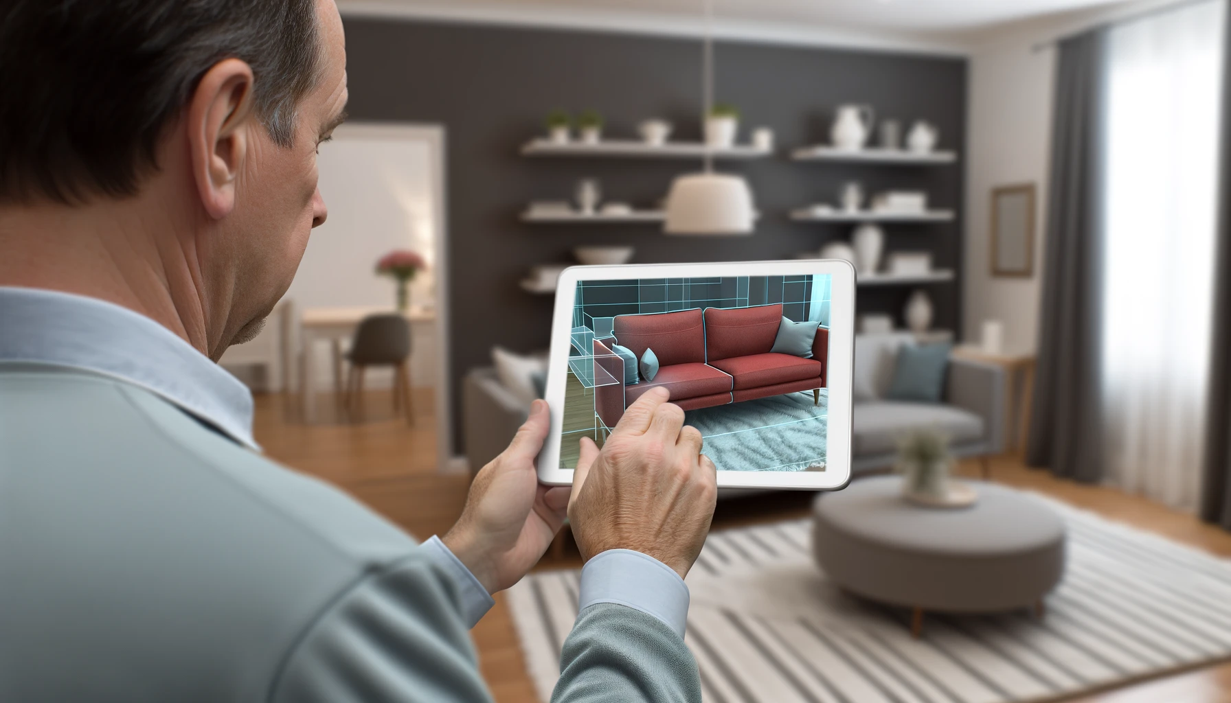 Un comprador utilizando un dispositivo móvil para colocar muebles virtuales en su sala de estar y ver cómo quedan. La imagen muestra a un hombre de mediana edad sosteniendo una tableta que muestra un modelo 3D de un sofá en realidad aumentada, como si realmente estuviera en la habitación.