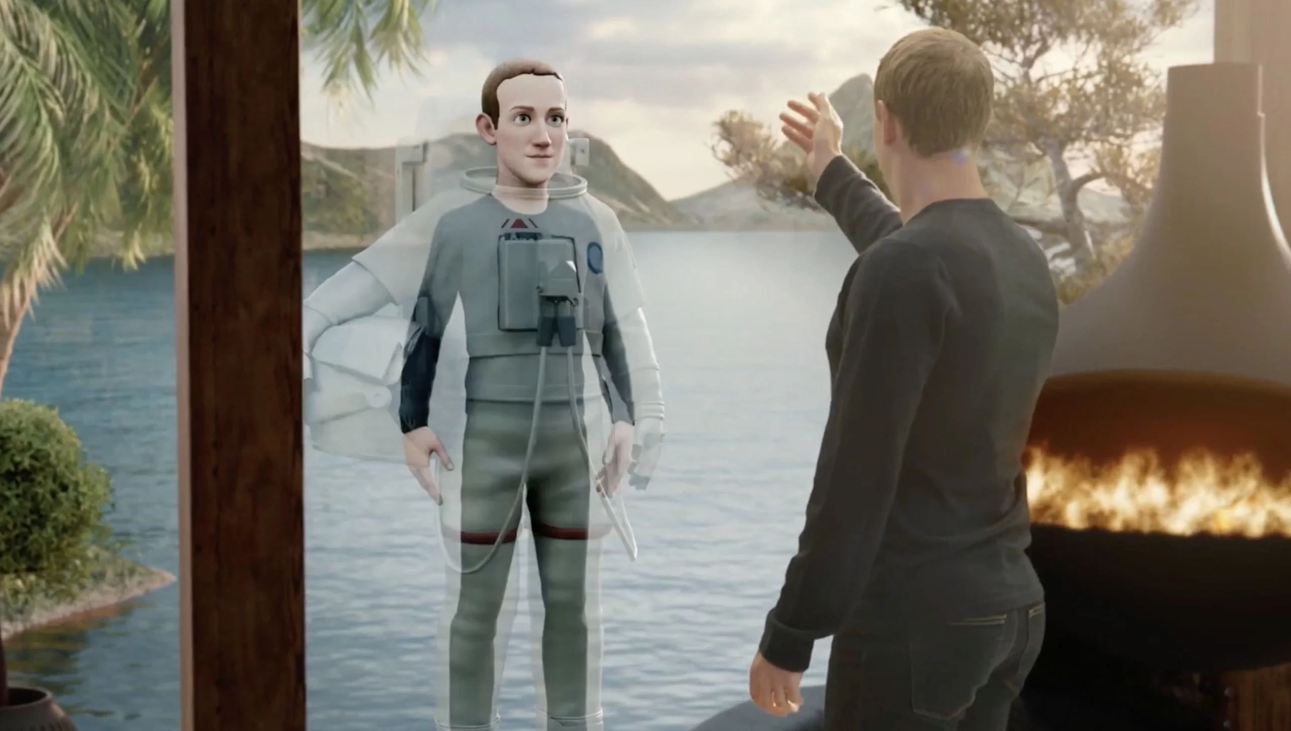 Mark Zuckerberg presentando el metaverso de Facebook junto a su avatar de realidad virtual