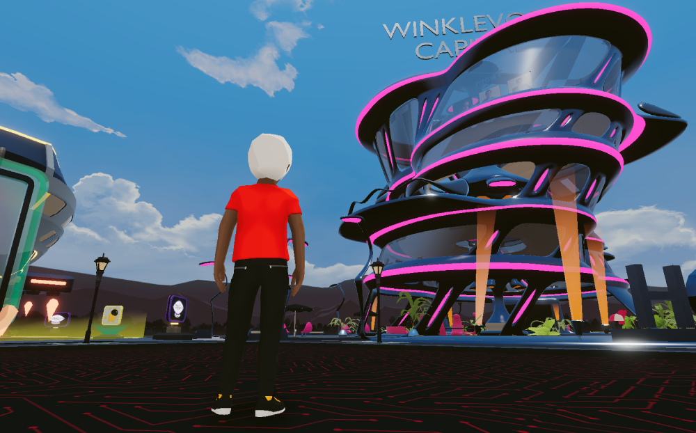 Avatar virtual mirando a un edificio de negocios en el entorno virtual de Decentraland
