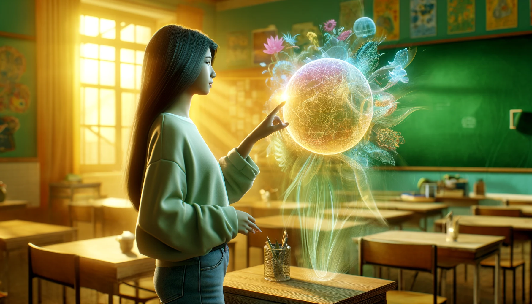mujer usando un holograma 3D en la clase de un colegio
