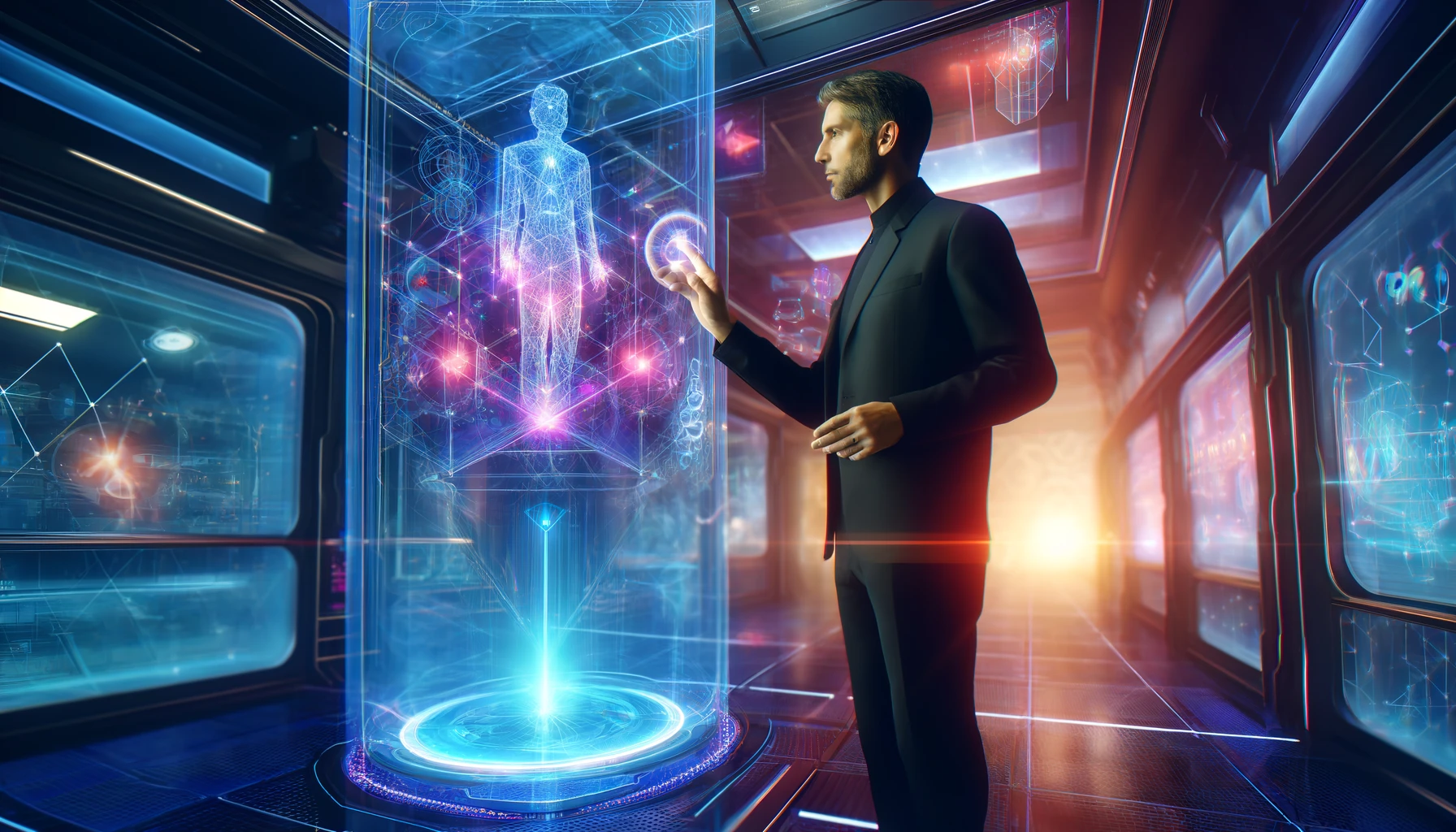 Persona usando e interactuando con un holograma en el ámbito empresarial y corporativo