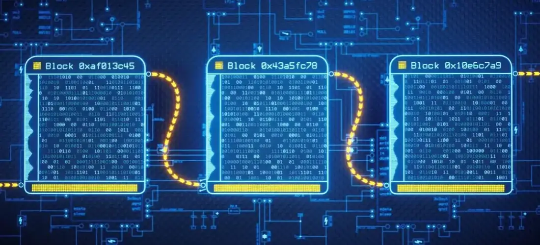 concepto blockchain color azul y amarillo libro de cuentas