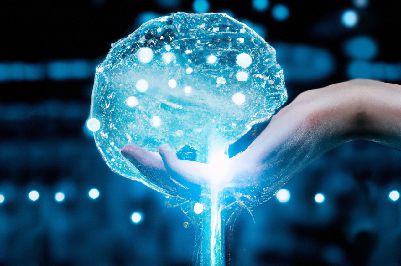 conexión entre la inteligencia artificial y el ser humano, representado por una mano sosteniendo un cerebro formado por chips y piezas digitales