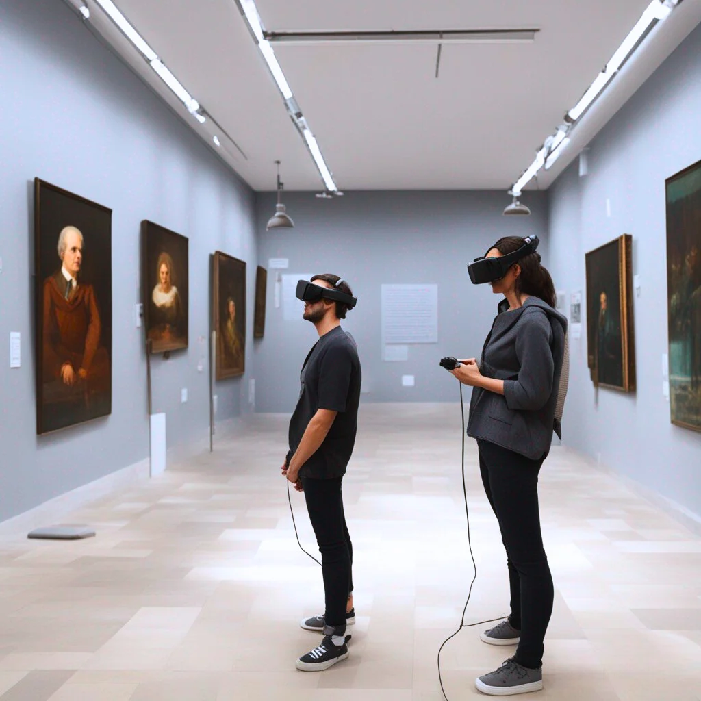 Two people wearing virtual reality goggles in a museum