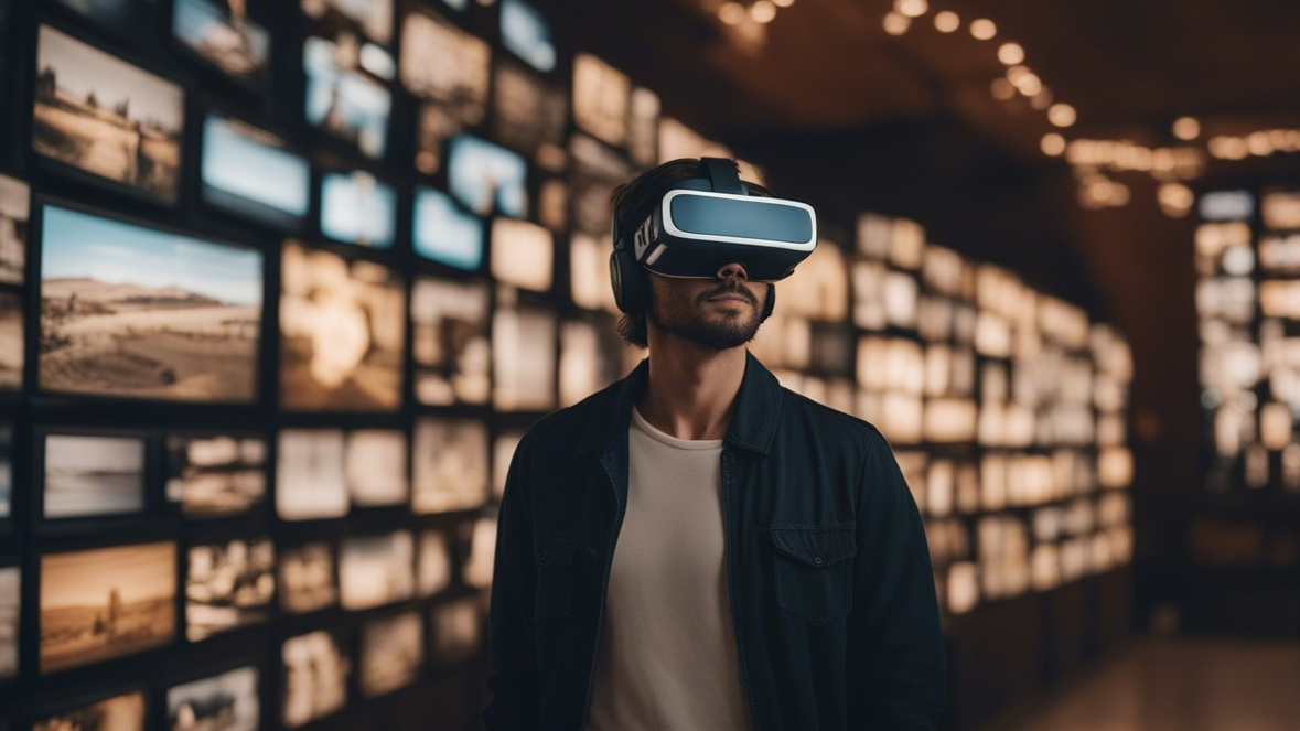 Hombre usando unas gafas de realidad virtual en la sala de un museo