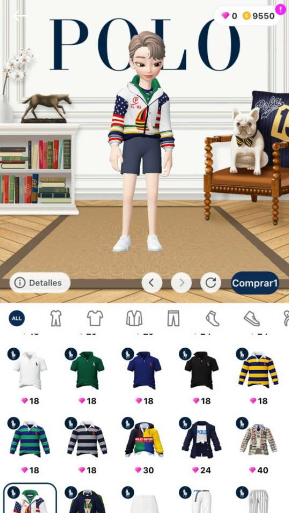 Vista de la tienda de accesorios para los avatares virtuales de Zepeto