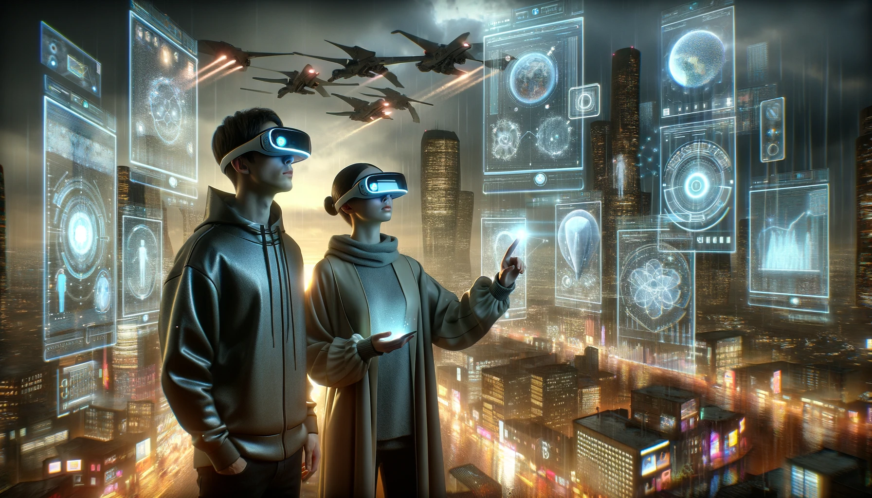 Dos personas usando las Apple Vision Pro en un entorno futurista