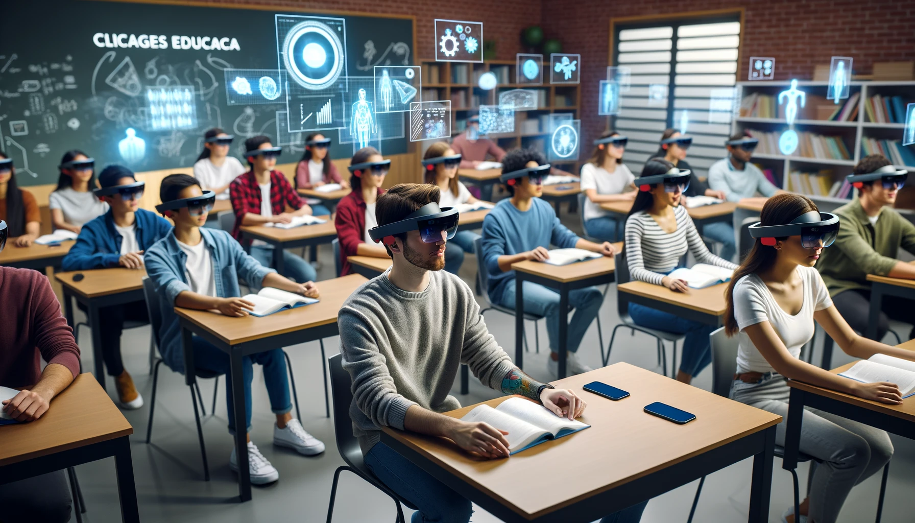 Alumnos utilizando gafas de Realidad Mixta Hololens 2 en una clase