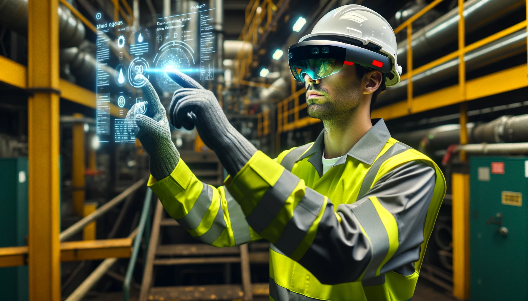 Operator using Hololens 2 Mixed Reality glasses in an industrial building.