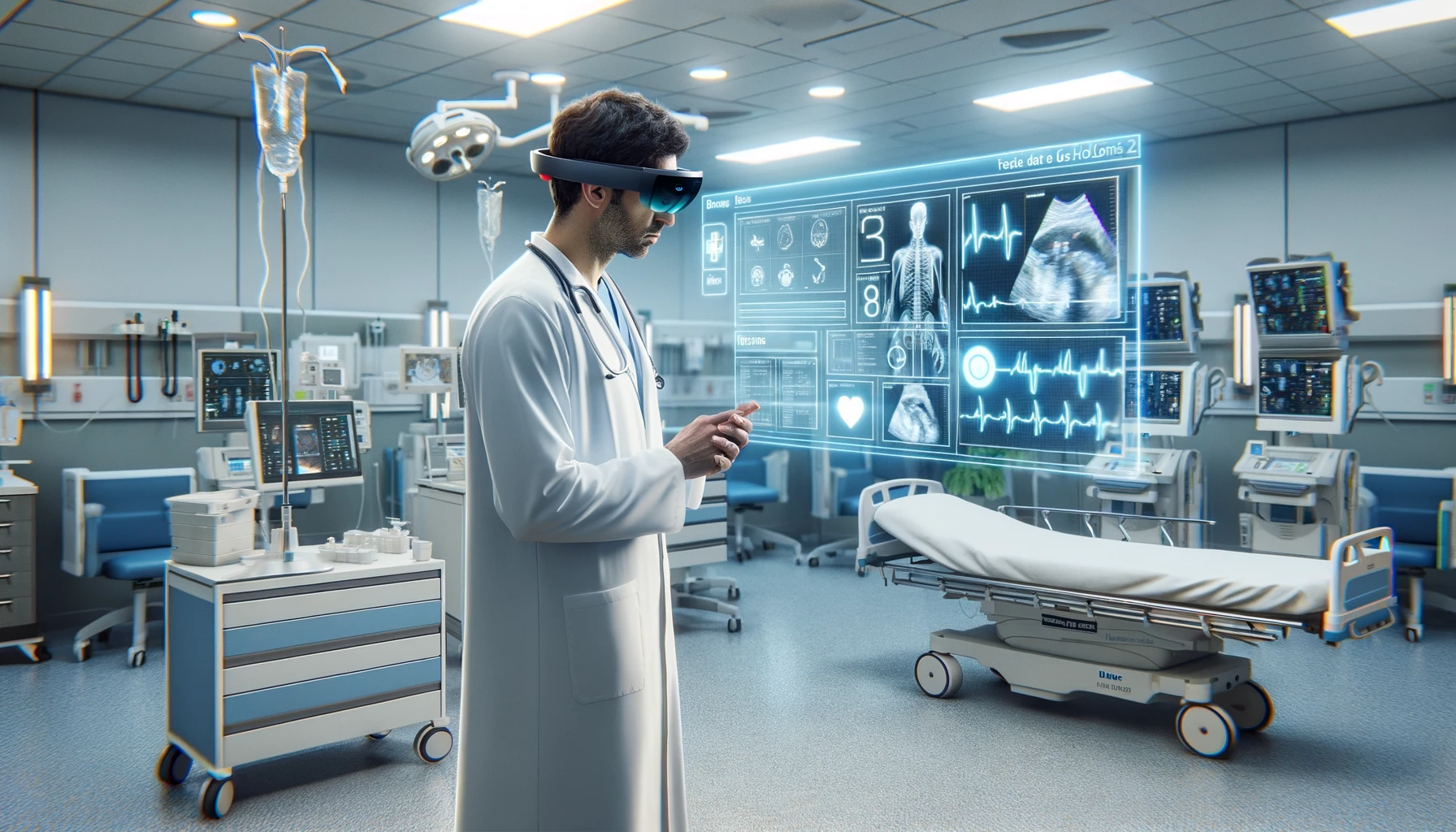 Doctor using Hololens 2 Mixed Reality glasses in an operating room