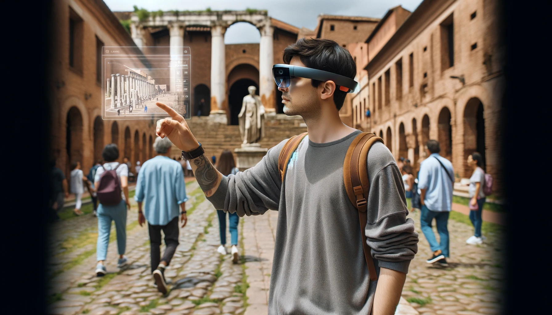 Tourist using Hololens 2 Mixed Reality goggles during a guided tour