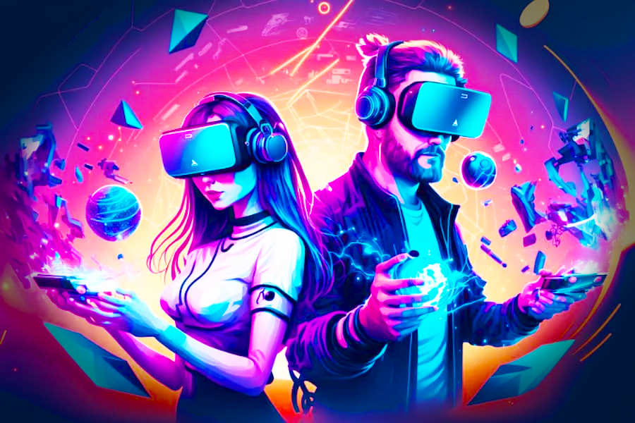 Dos personas disfrutando de un evento virtual en el Metaverso usando unas gafas de Realidad Virtual