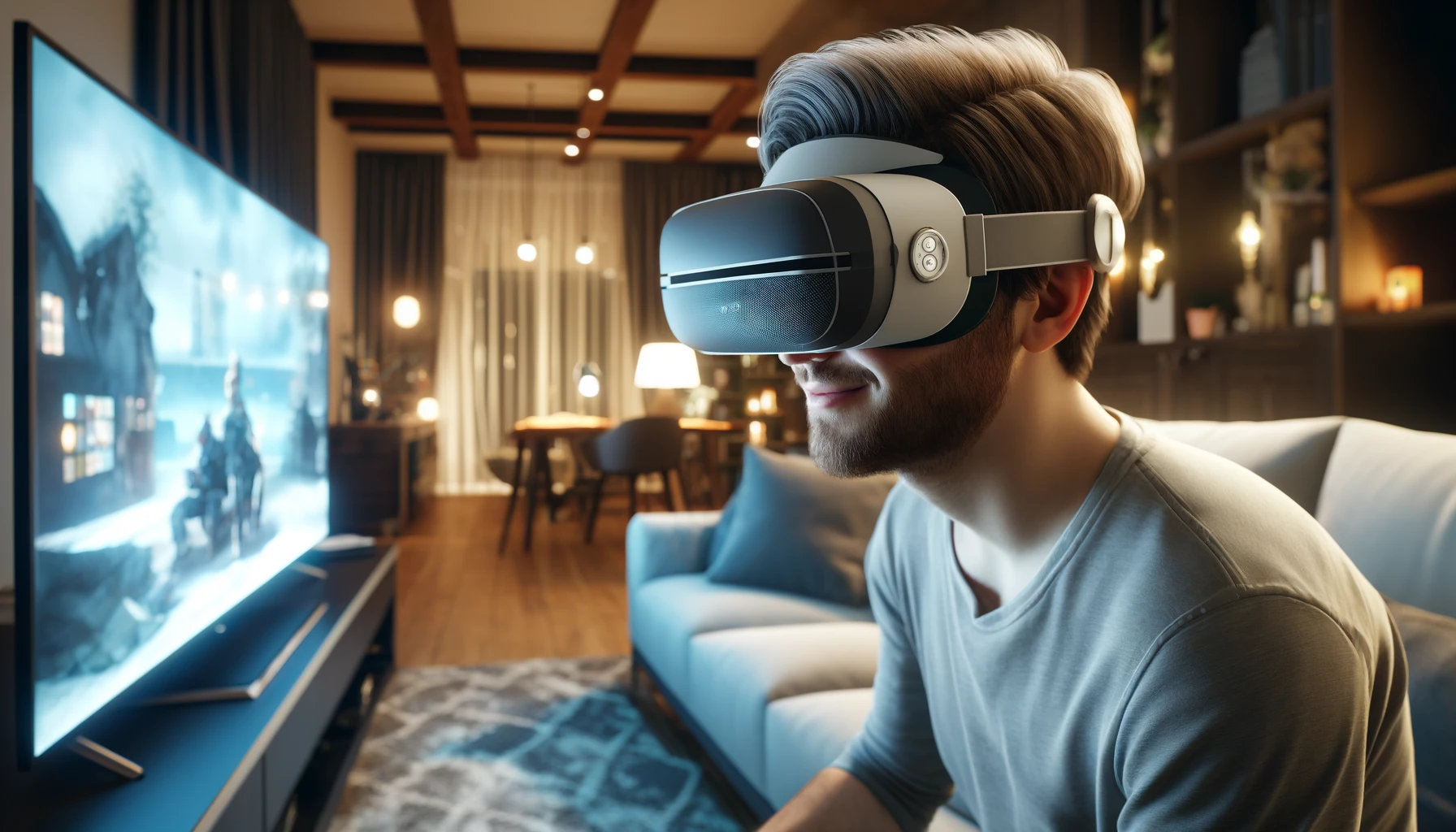 Persona utilizando unas gafas de Realidad Virtual en su propia casa
