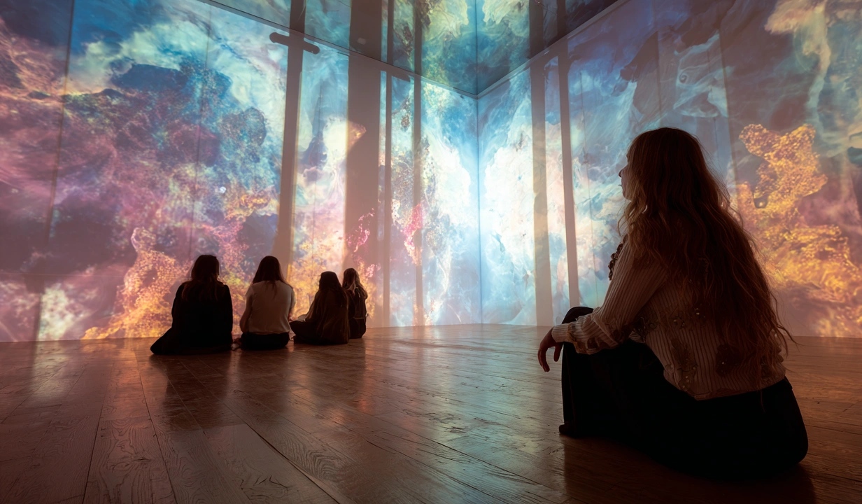 Ragazze che vivono un'esperienza immersiva in un cubo LED a 360°