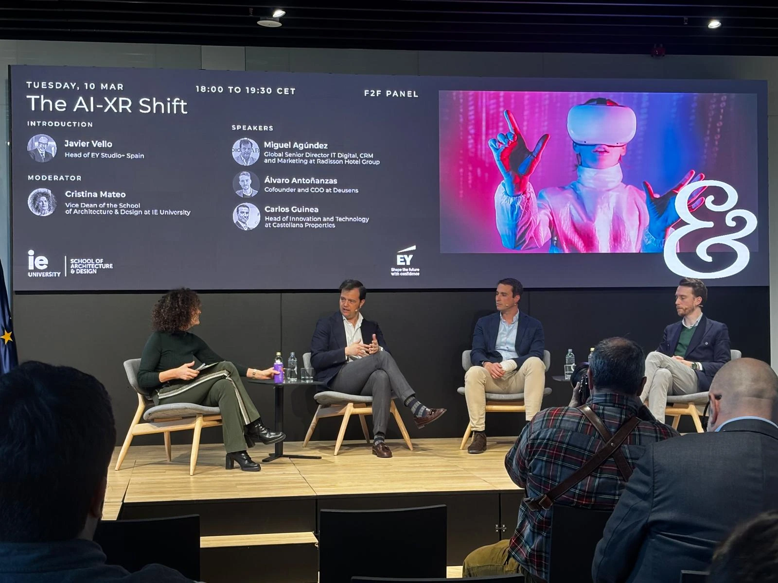 Speakers at the AI–XR Shift roundtable at IE Tower Madrid: DeuSens, IE School and EY Studio+