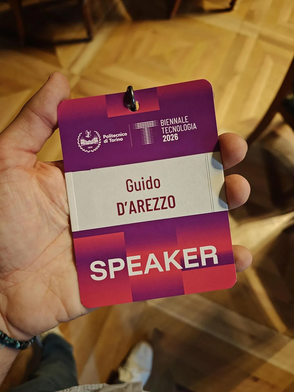 Badge speaker di Guido D'Arezzo alla Biennale Tecnologia 2026 del Politecnico di Torino