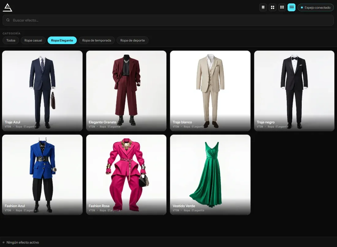 FunMirror AI elegant clothing catalogue control interface with suits and dresses