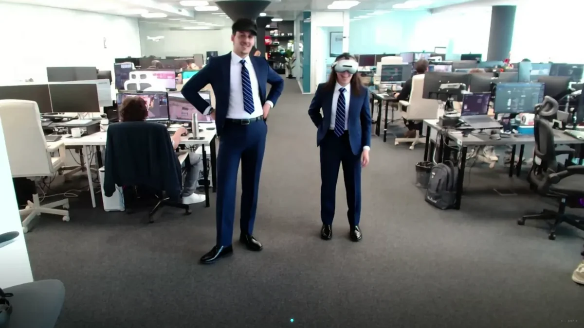 FunMirror AI applied to corporate clothing try-on in B2B environment with two professionals in suits