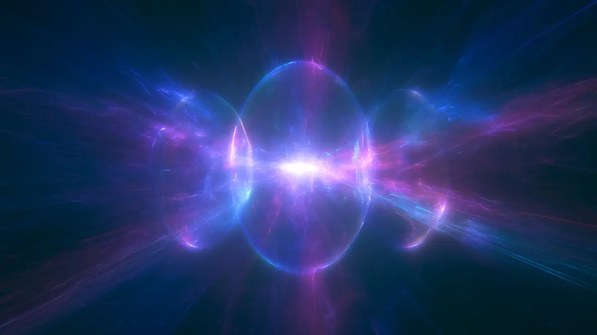 Tre sfere luminose blu e viola che si fondono, simbolo della convergenza tra robotica, IA e XR