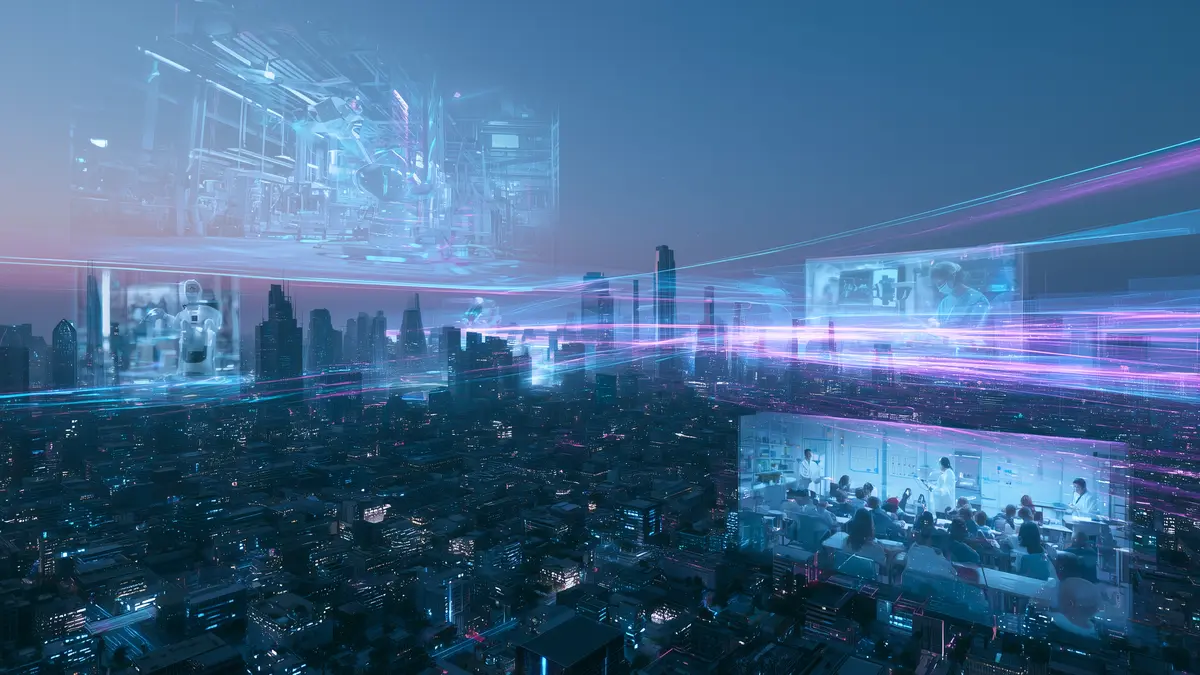 Skyline futuristico con schermi olografici che mostrano robot, ospedali e aule connesse
