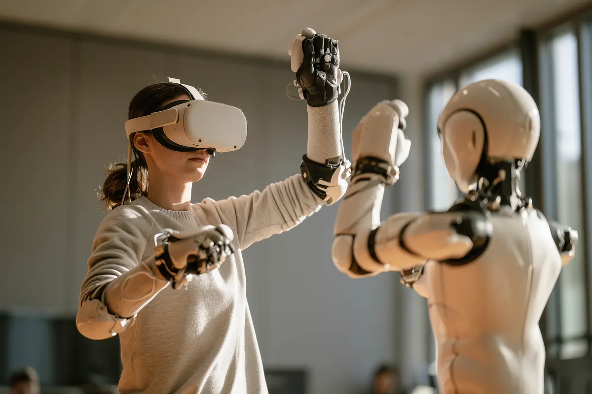 Persona con gafas VR y guantes hápticos entrenando junto a un robot humanoide que replica el movimiento