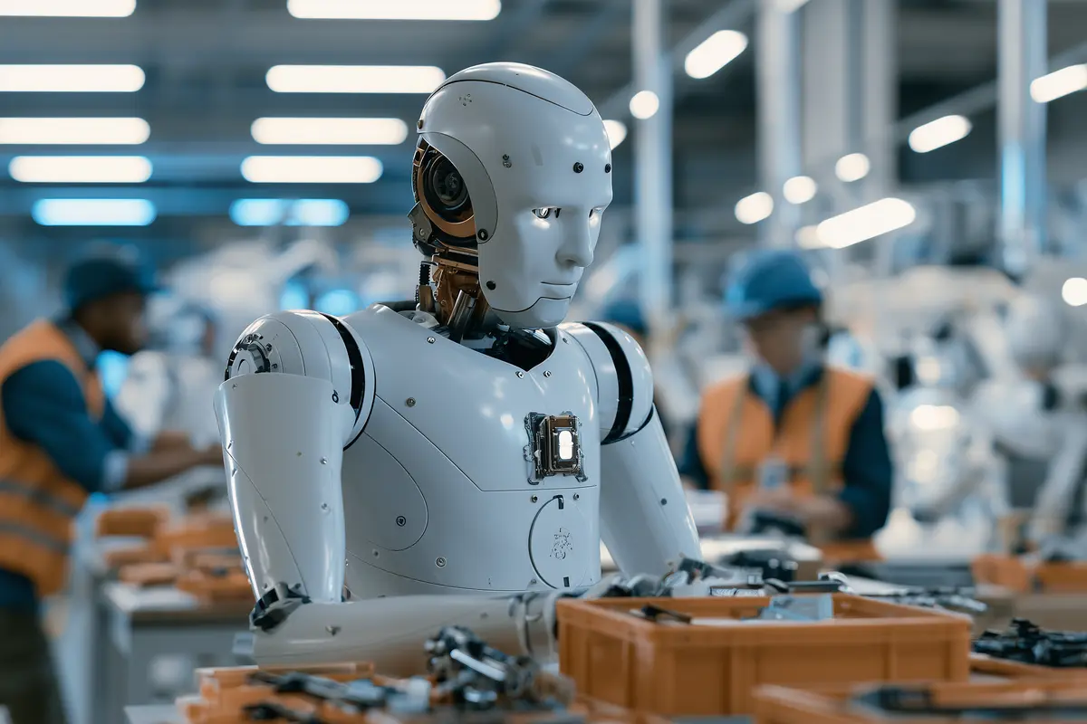 Robot humanoide trabajando junto a operarios en una planta industrial