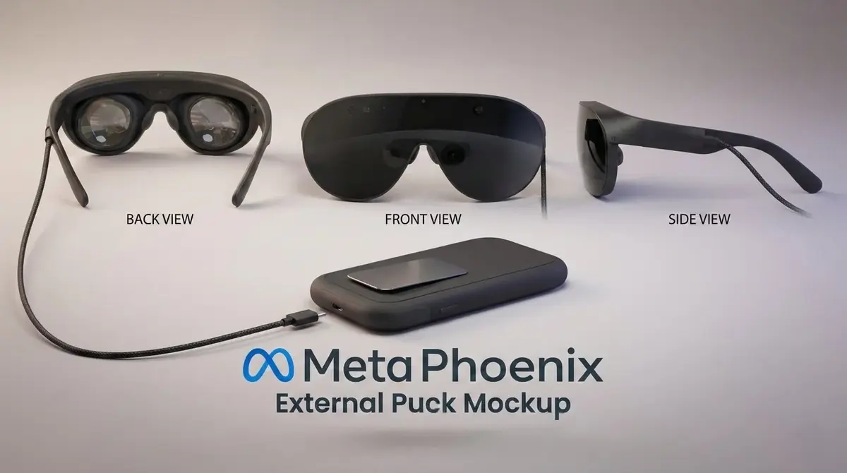 Unofficial mockup of Meta Phoenix's external compute puck, front, side and back views
