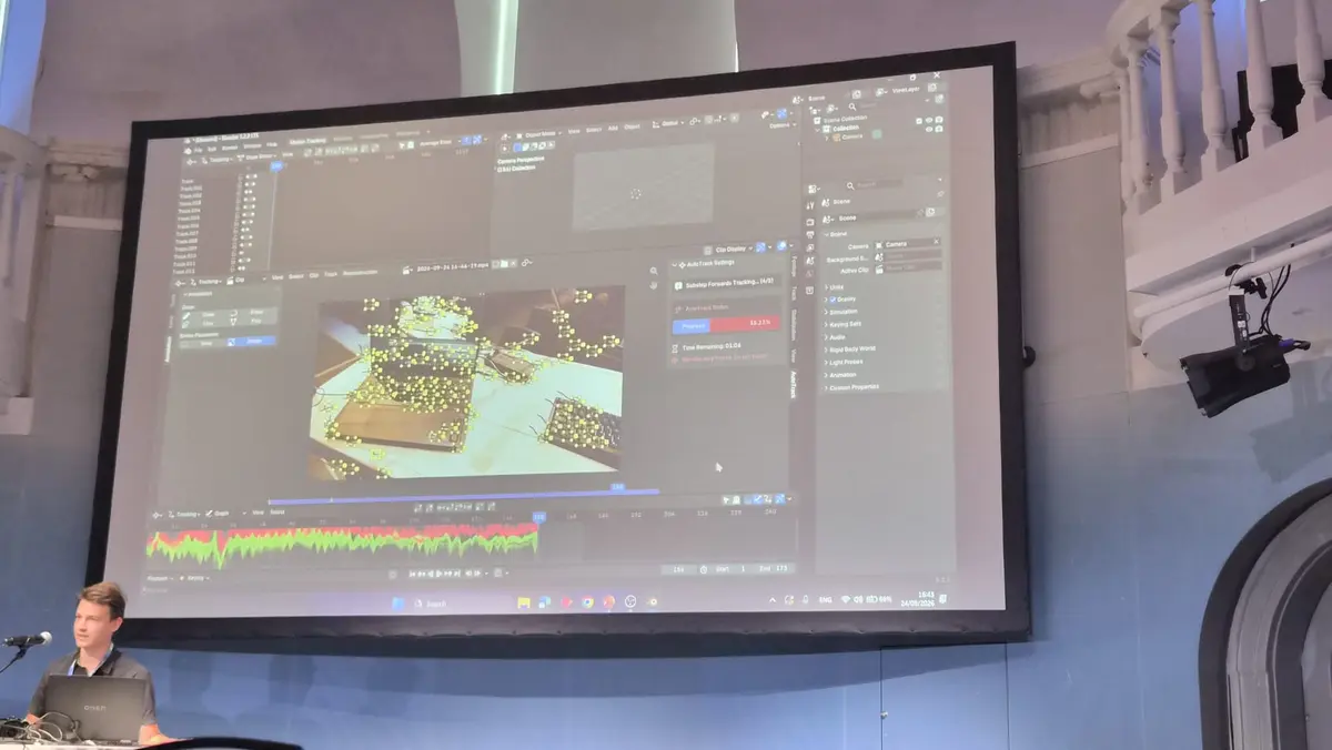 Demo of AutoTrack, automatic camera tracking in Blender, at BCON26