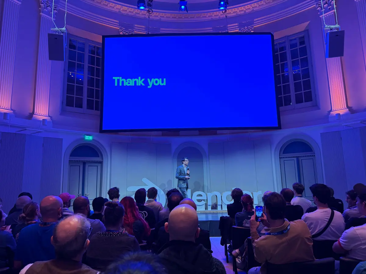 Blender Conference 2026 closing event in the Theater room at Felix Meritis