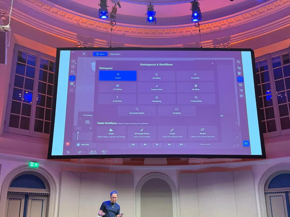 Interfaccia di Blender per tablet Android con il pannello Tablet Workflows mostrata da Wacom