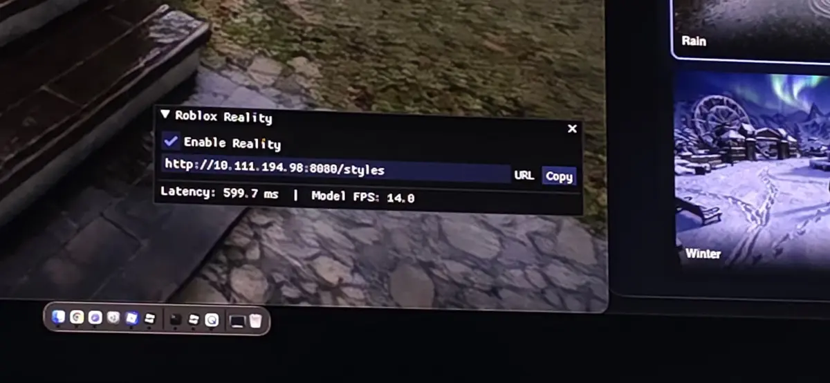 Roblox Reality panel showing latency and model FPS stats and the style library, Roblox Developers Conference 2026