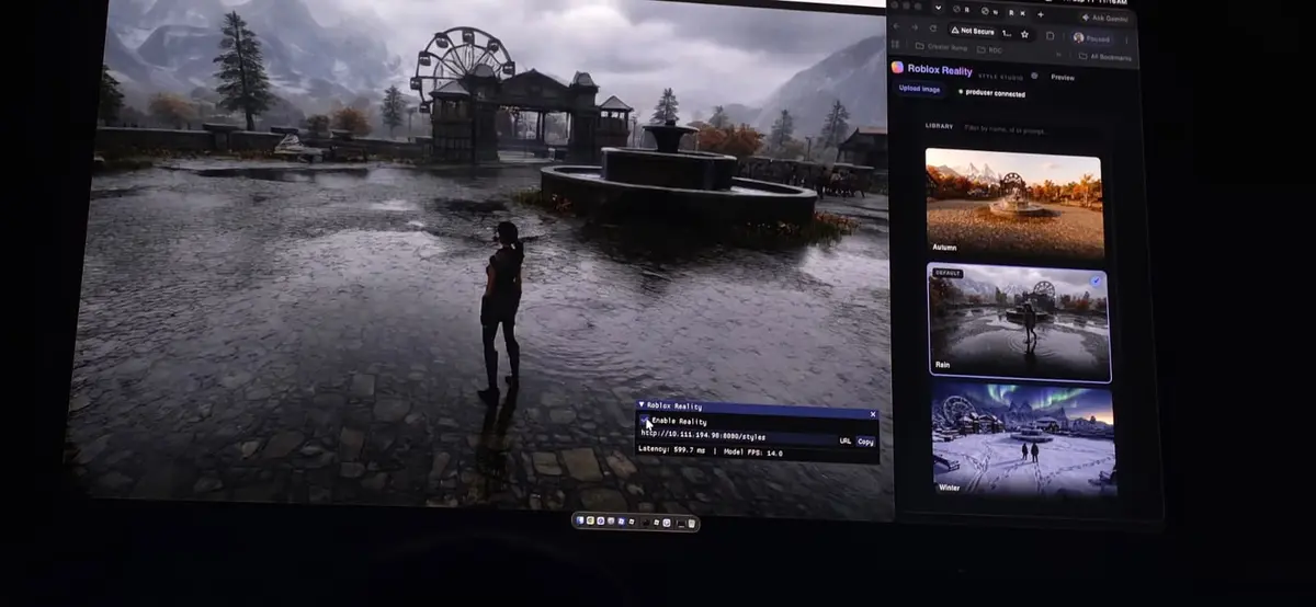 Theme park scene with the Rain style from Roblox Reality applied in real time, Roblox Developers Conference 2026