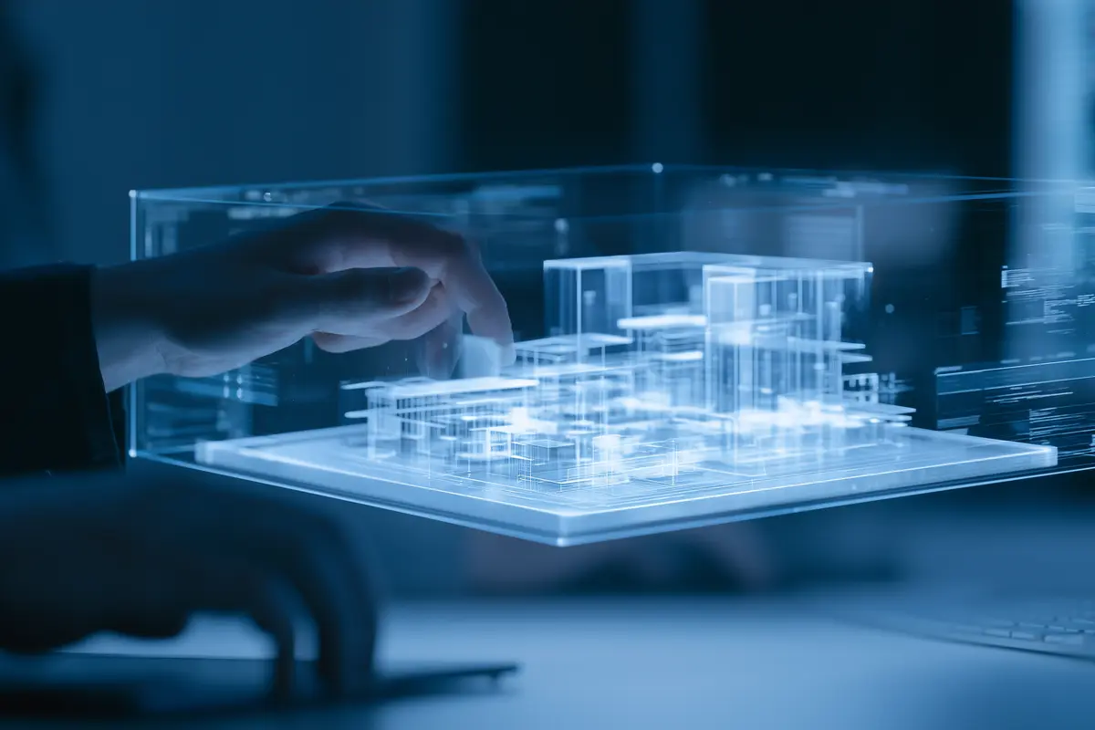 Architetto che esamina i design generati dall'IA sullo schermo insieme al modello BIM 3D dell'edificio