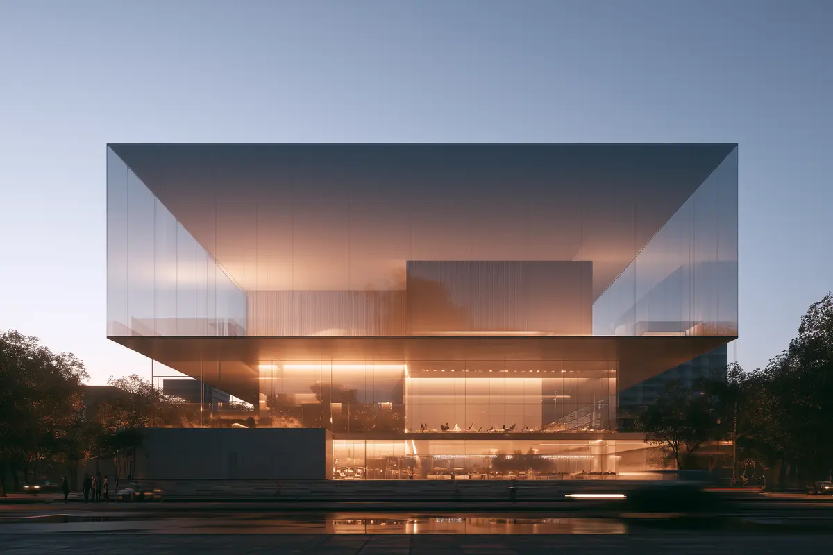 Render fotorealistici generati dall'IA di un edificio di architettura contemporanea in contesto urbano