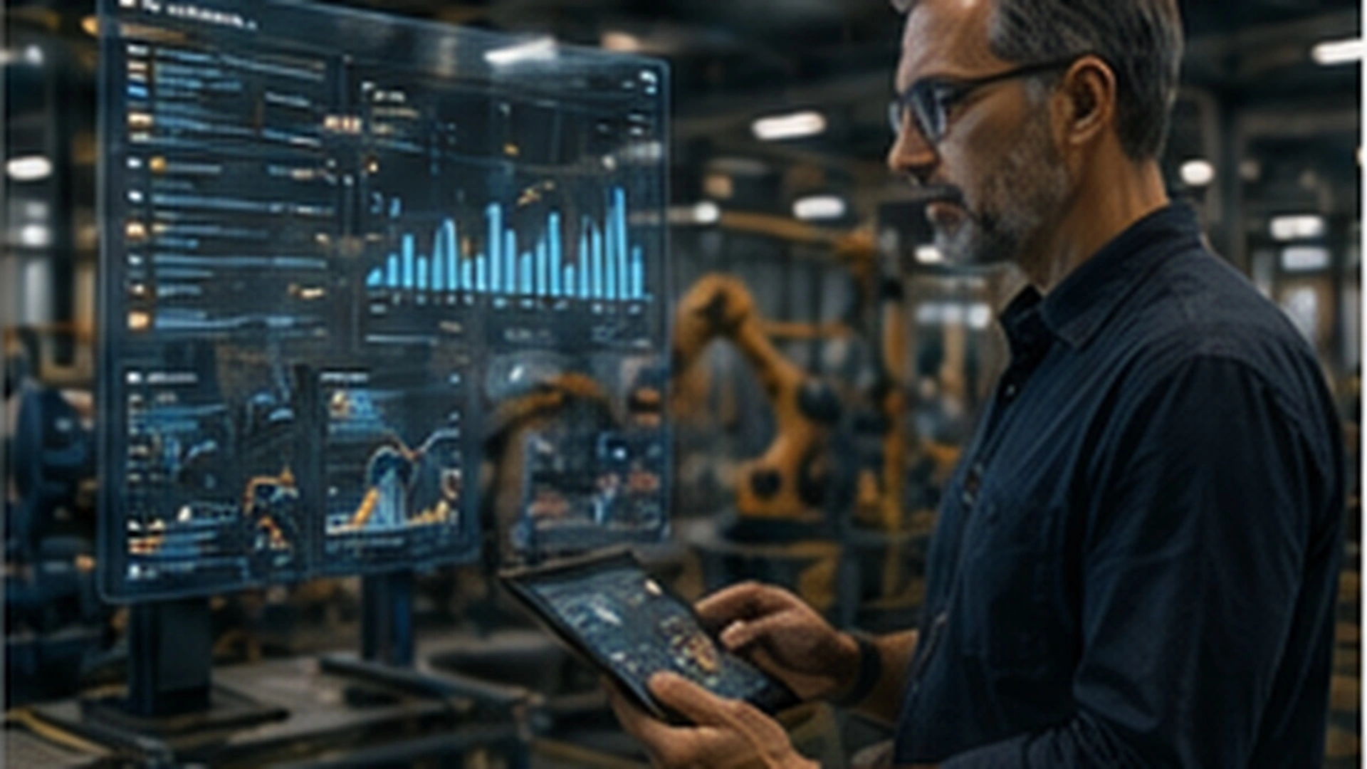Ingeniero industrial supervisando una línea de producción con análisis de Inteligencia Artificial sobre datos de sensores en tiempo real.