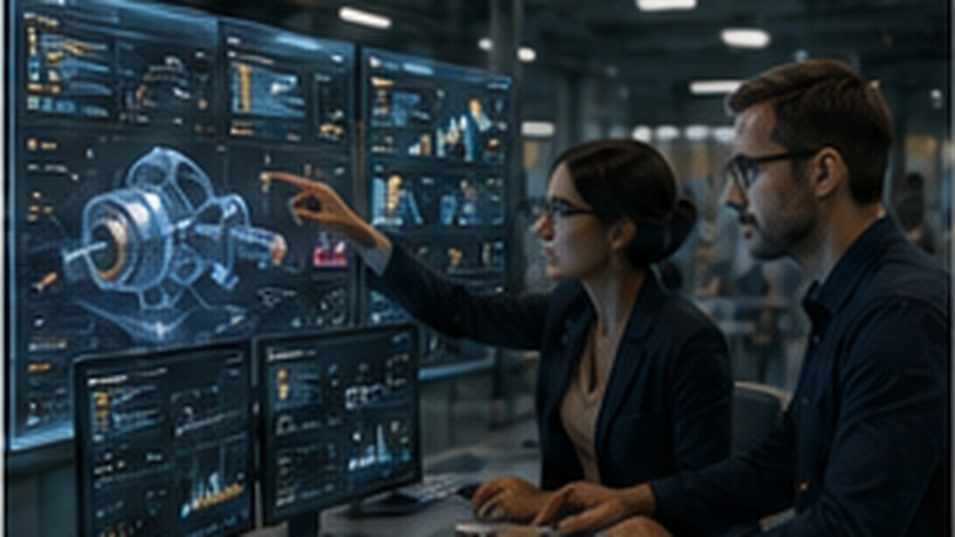 Equipo de ingeniería supervisando un panel de control con alertas y predicciones generadas por Inteligencia Artificial.